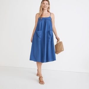 Madewell XL Linen-Blend Cami Midi Dress in Blue with Patch Pockets, NWT